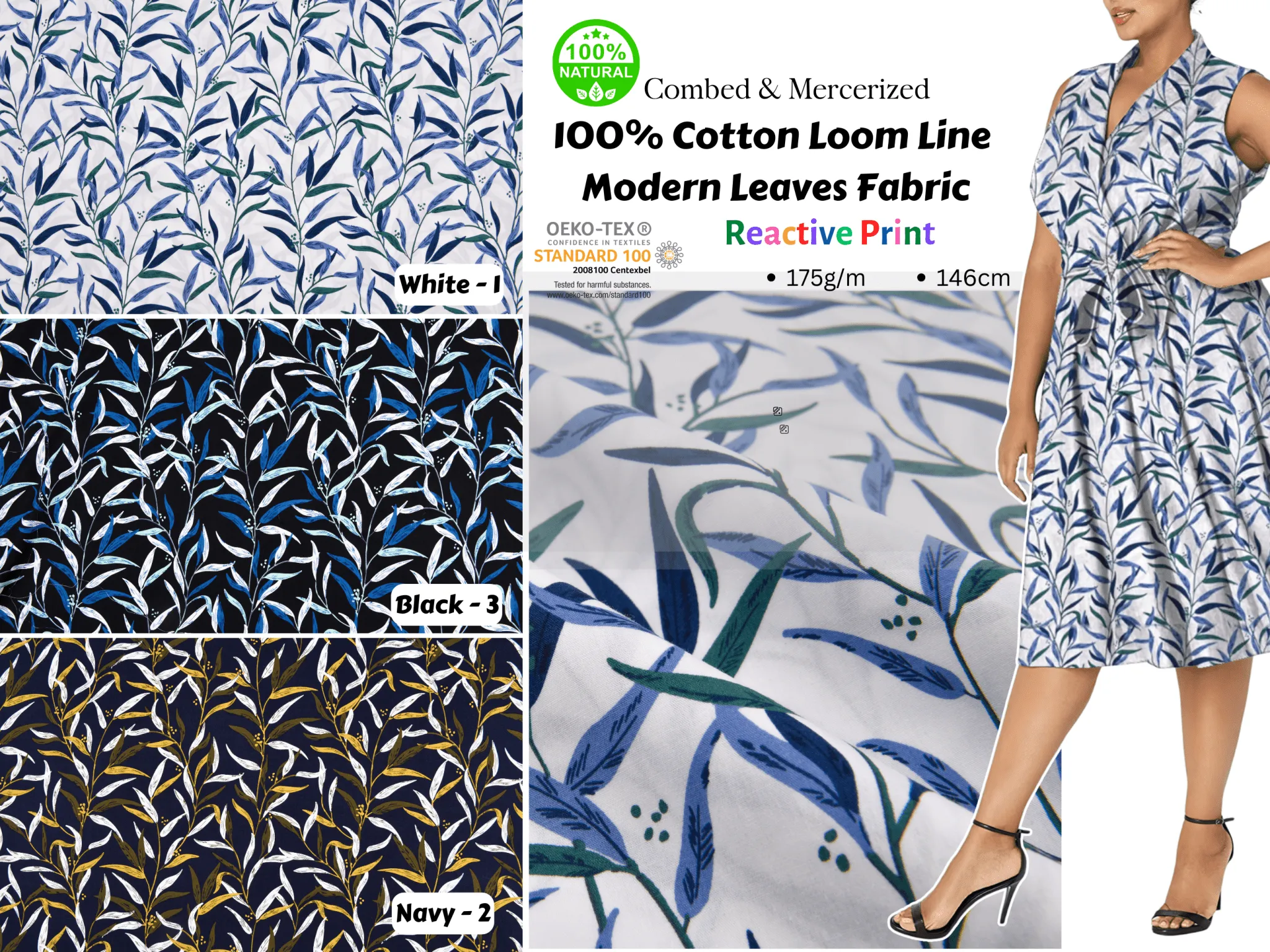 100% Cotton Loom Line  Modern Leaves Fabric - 144