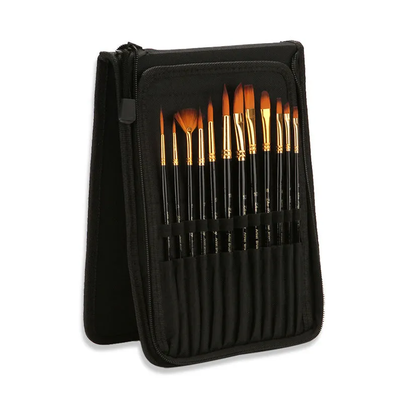 12 PCs Black Stick Nylon Hair Black with Palette Art Brushes