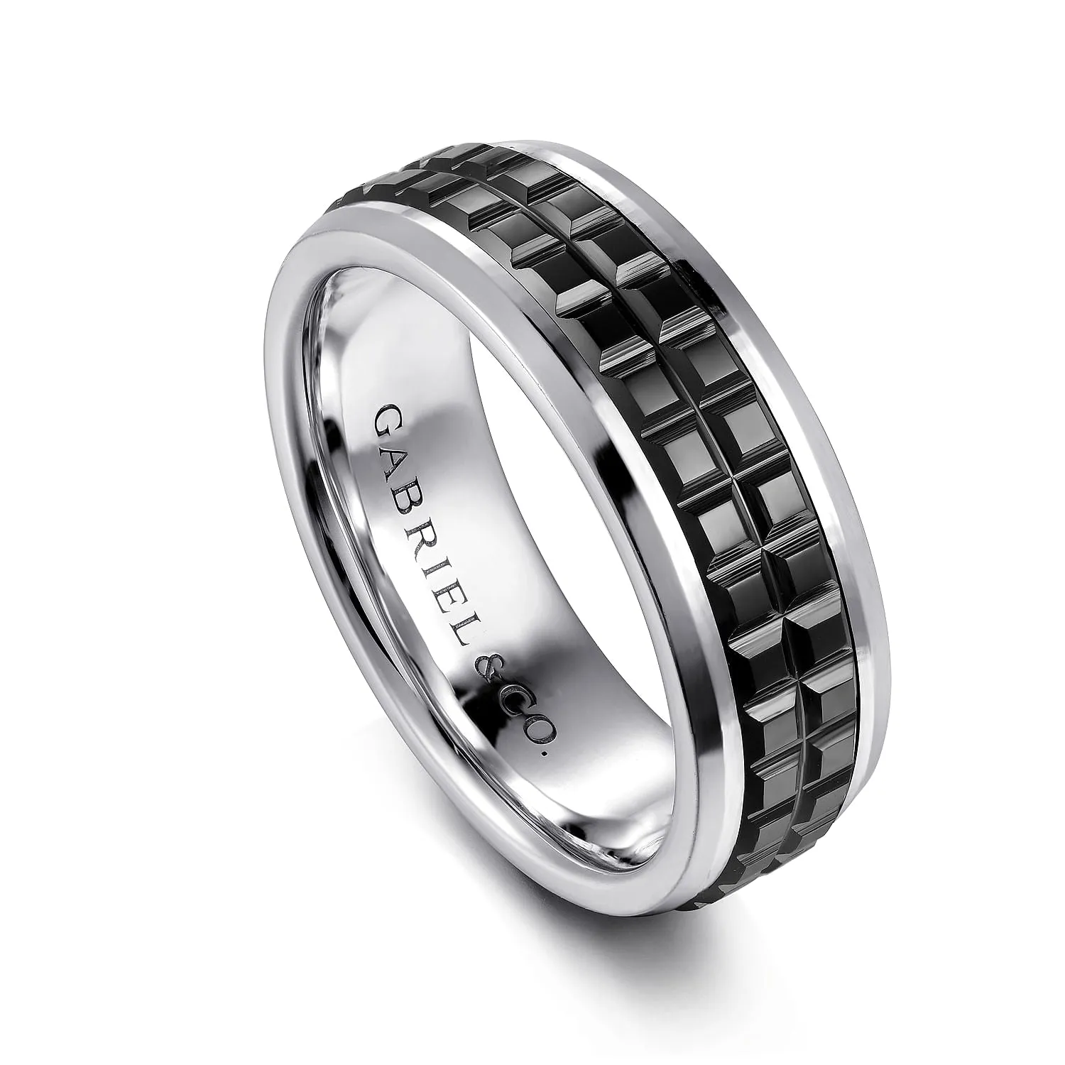 14K White Gold-Black Ceramic 7mm - Two Tone Beveled Edge Men's Wedding Band