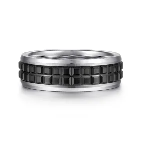 14K White Gold-Black Ceramic 7mm - Two Tone Beveled Edge Men's Wedding Band