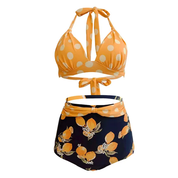 1950s Lemon Polka Dot Halter Bikini