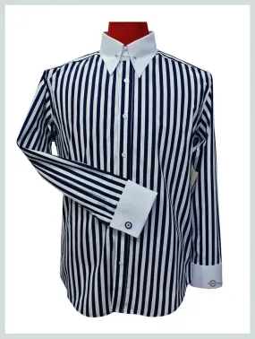 60'S Mod Dark Navy Blue Stripe Pin Collar Shirt