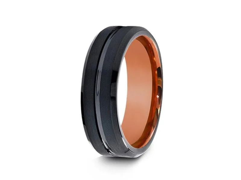 6MM BRUSHED Black Tungsten Wedding Band BEVELED AND ROSE GOLD INTERIOR