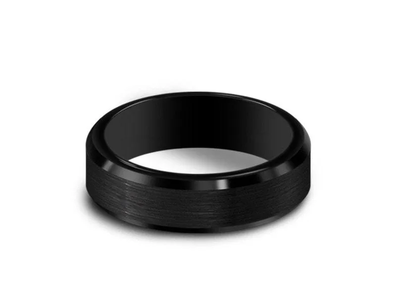 6MM Brushed BLACK Tungsten Wedding Band BEVELED EDGES