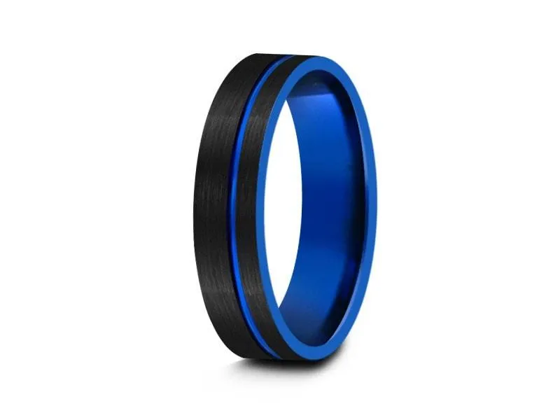 6MM BRUSHED BLACK Tungsten Wedding Band BLUE LINE AND BLUE INTERIOR