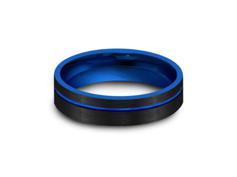 6MM BRUSHED BLACK Tungsten Wedding Band BLUE LINE AND BLUE INTERIOR