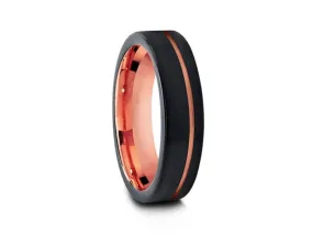 6MM BRUSHED Black Tungsten Wedding Band FLAT AND ROSE GOLD INTERIOR