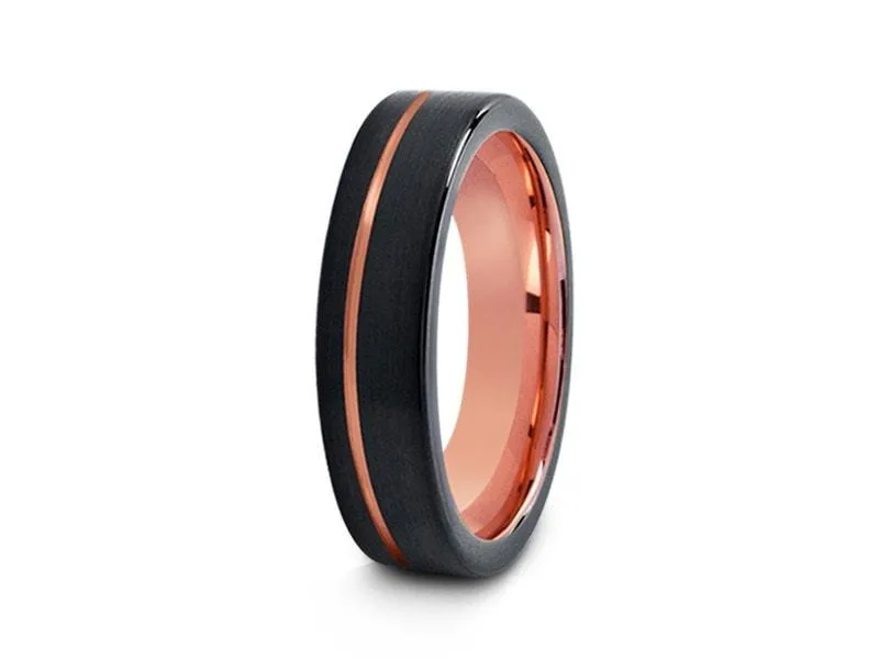 6MM BRUSHED Black Tungsten Wedding Band FLAT AND ROSE GOLD INTERIOR