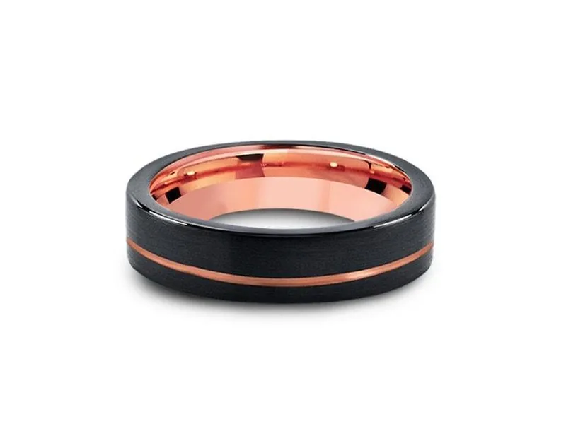 6MM BRUSHED Black Tungsten Wedding Band FLAT AND ROSE GOLD INTERIOR