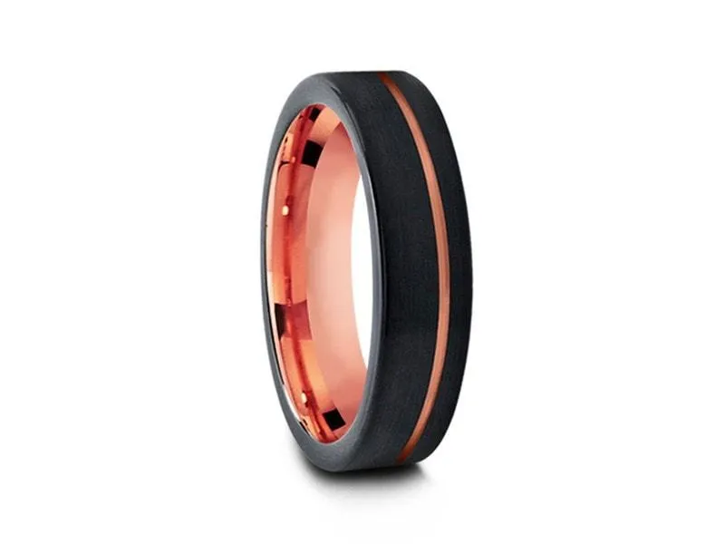 6MM BRUSHED Black Tungsten Wedding Band FLAT AND ROSE GOLD INTERIOR