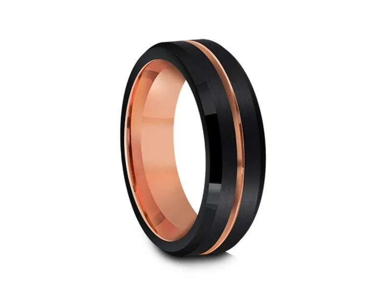 6MM BRUSHED BLACK Tungsten Wedding Band ROSE GOLD CENTER AND ROSE GOLD INTERIOR