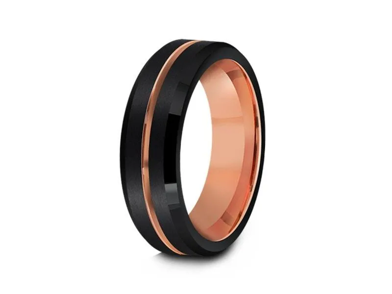 6MM BRUSHED BLACK Tungsten Wedding Band ROSE GOLD CENTER AND ROSE GOLD INTERIOR