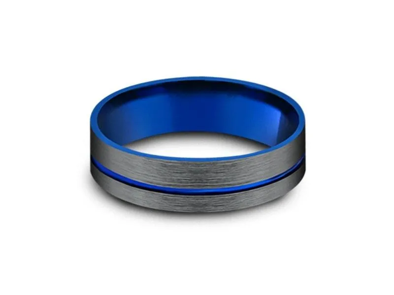 6MM Brushed GRAY GUNMETAL Tungsten Wedding Band BLUE LINE AND BLUE INTERIOR