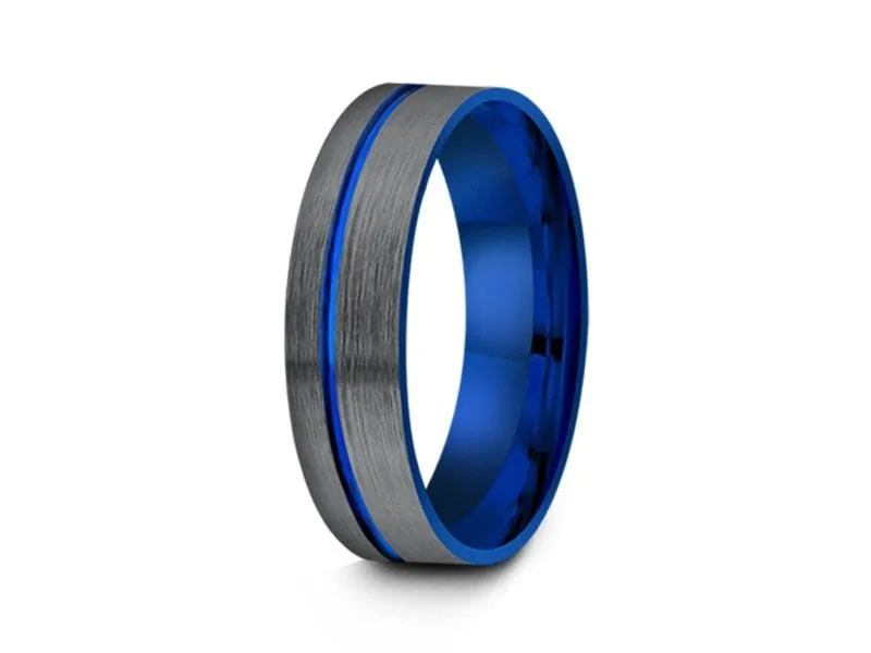 6MM Brushed GRAY GUNMETAL Tungsten Wedding Band BLUE LINE AND BLUE INTERIOR