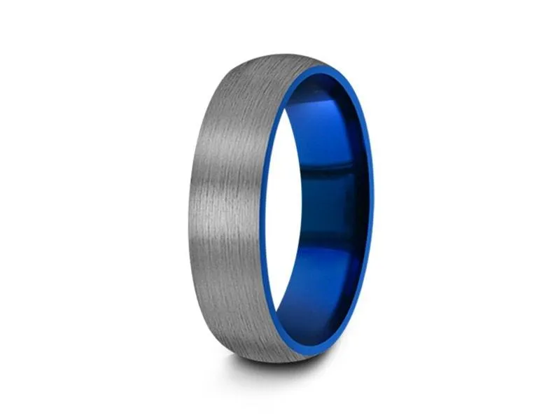 6MM Brushed GRAY GUNMETAL Tungsten Wedding Band DOME AND BLUE INTERIOR