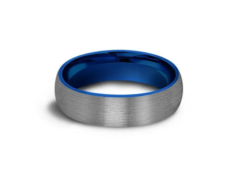 6MM Brushed GRAY GUNMETAL Tungsten Wedding Band DOME AND BLUE INTERIOR