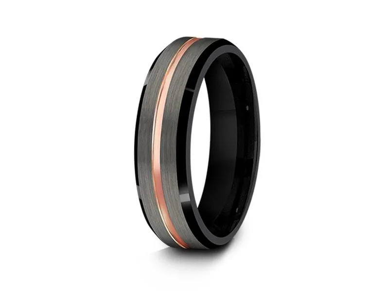 6MM BRUSHED GRAY TUNGSTEN WEDDING BAND ROSE GOLD CENTER AND BLACK INTERIOR