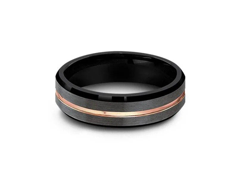 6MM BRUSHED GRAY TUNGSTEN WEDDING BAND ROSE GOLD CENTER AND BLACK INTERIOR