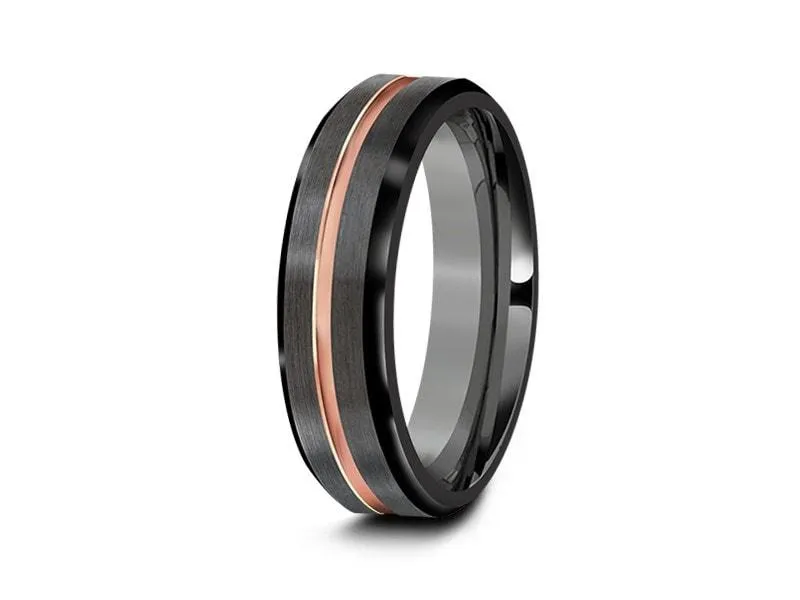 6MM Brushed GRAY Tungsten Wedding Band ROSE GOLD CENTER AND GRAY INTERIOR