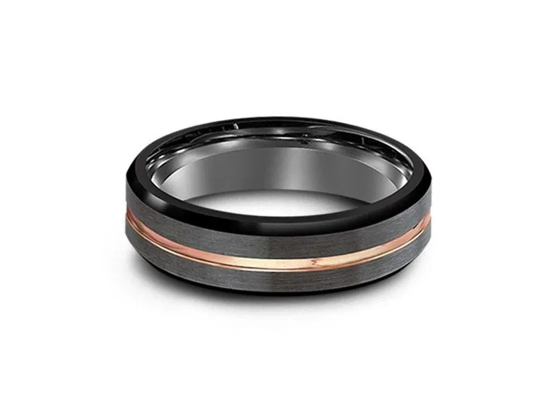 6MM Brushed GRAY Tungsten Wedding Band ROSE GOLD CENTER AND GRAY INTERIOR