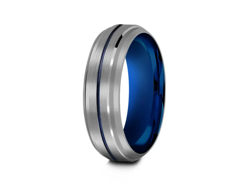 6MM GRAY TUNGSTEN WEDDING BAND BLUE CENTER AND BLUE INTERIOR