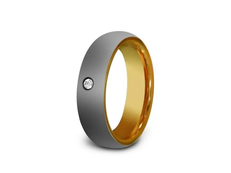 6MM High Polish GRAY Tungsten Wedding Band CENTER CZ AND YELLOW INTERIOR