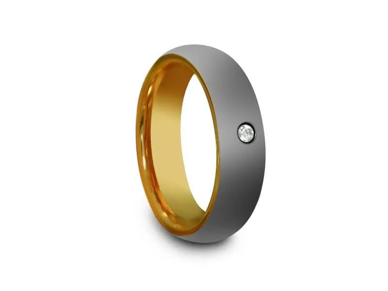 6MM High Polish GRAY Tungsten Wedding Band CENTER CZ AND YELLOW INTERIOR