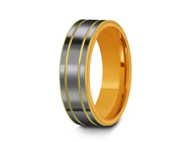 6MM High Polish GRAY Tungsten Wedding Band FLAT AND YELLOW INTERIOR