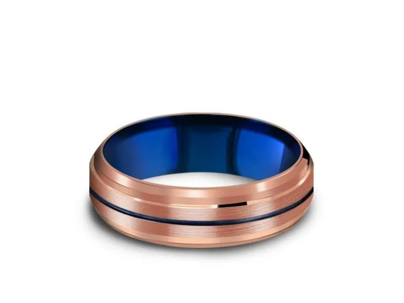 6MM Rose Gold Tungsten Wedding Band BLUE CENTER AND BLUE INTERIOR