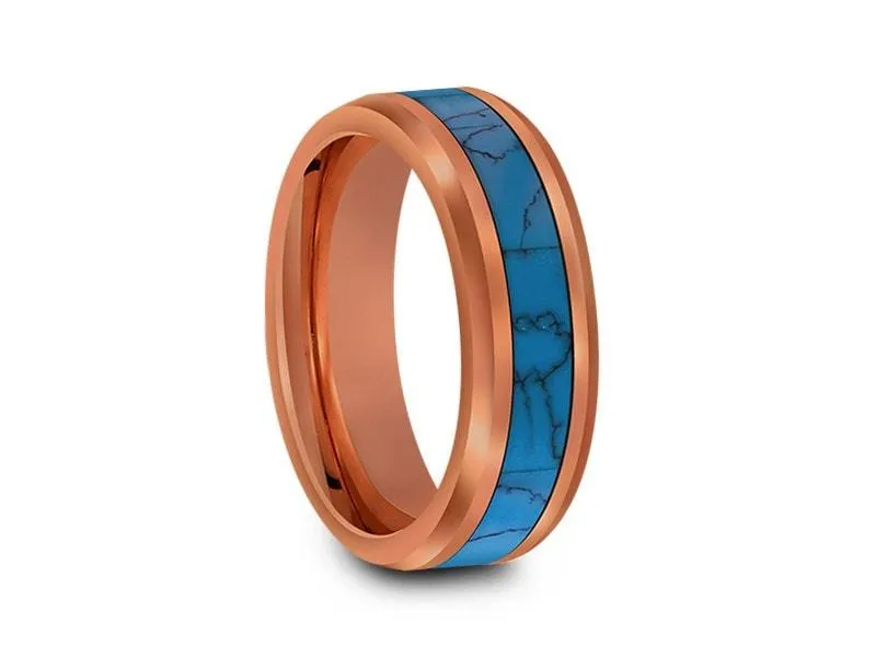 6MM Turquoise Tungsten Wedding Band BEVELED AND ROSE GOLD INTERIOR