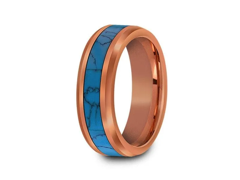 6MM Turquoise Tungsten Wedding Band BEVELED AND ROSE GOLD INTERIOR