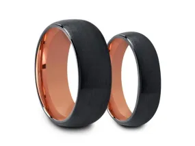 6MM/8MM BRUSHED BLACK Tungsten Wedding Band Set DOME AND ROSE GOLD INTERIOR