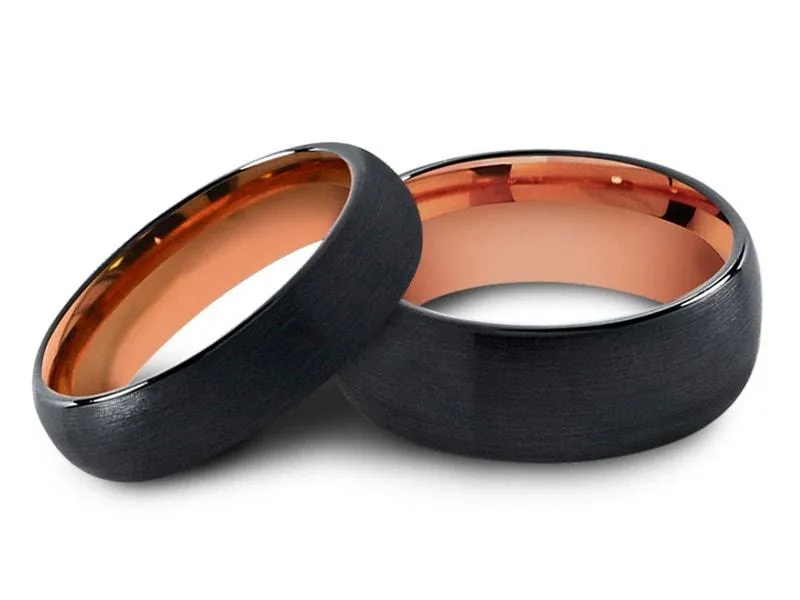 6MM/8MM BRUSHED BLACK Tungsten Wedding Band Set DOME AND ROSE GOLD INTERIOR