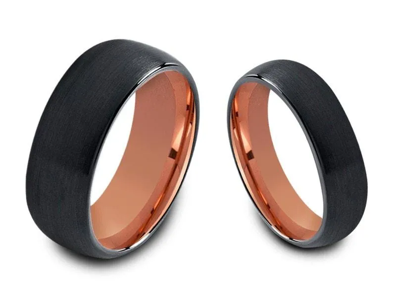 6MM/8MM BRUSHED BLACK Tungsten Wedding Band Set DOME AND ROSE GOLD INTERIOR