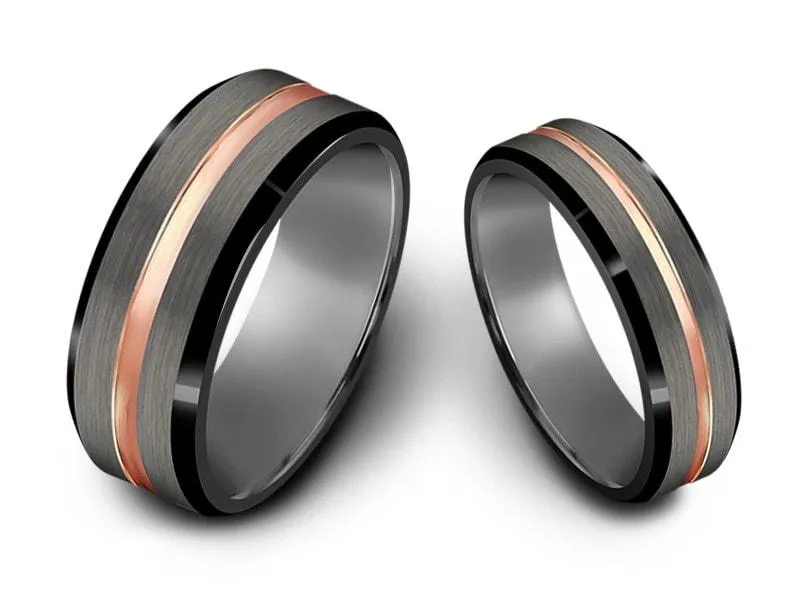 6MM/8MM BRUSHED GRAY GUNMETAL Tungsten Wedding Band Set ROSE GOLD CENTER AND GRAY INTERIOR