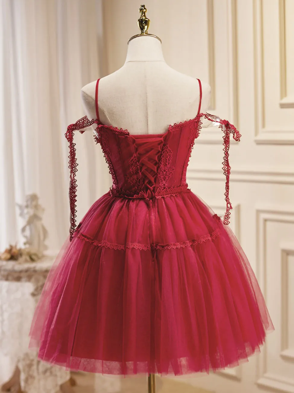 A-Line Burgundy Lace Short Prom Dress, Burgundy Puffy Homecoming Dresses