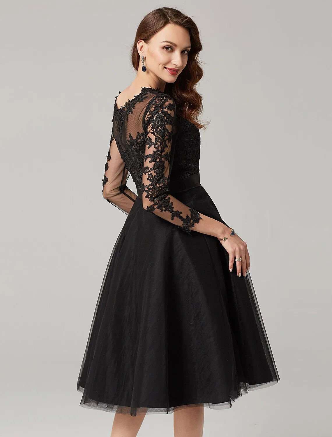 A-Line Elegant Dress Wedding Guest Knee Length 3/4 Length Sleeve Illusion Neck Tulle Over Lace with Appliques