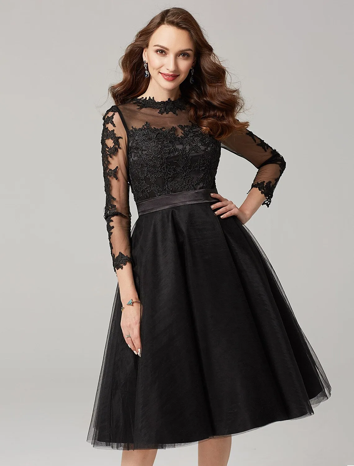 A-Line Elegant Dress Wedding Guest Knee Length 3/4 Length Sleeve Illusion Neck Tulle Over Lace with Appliques