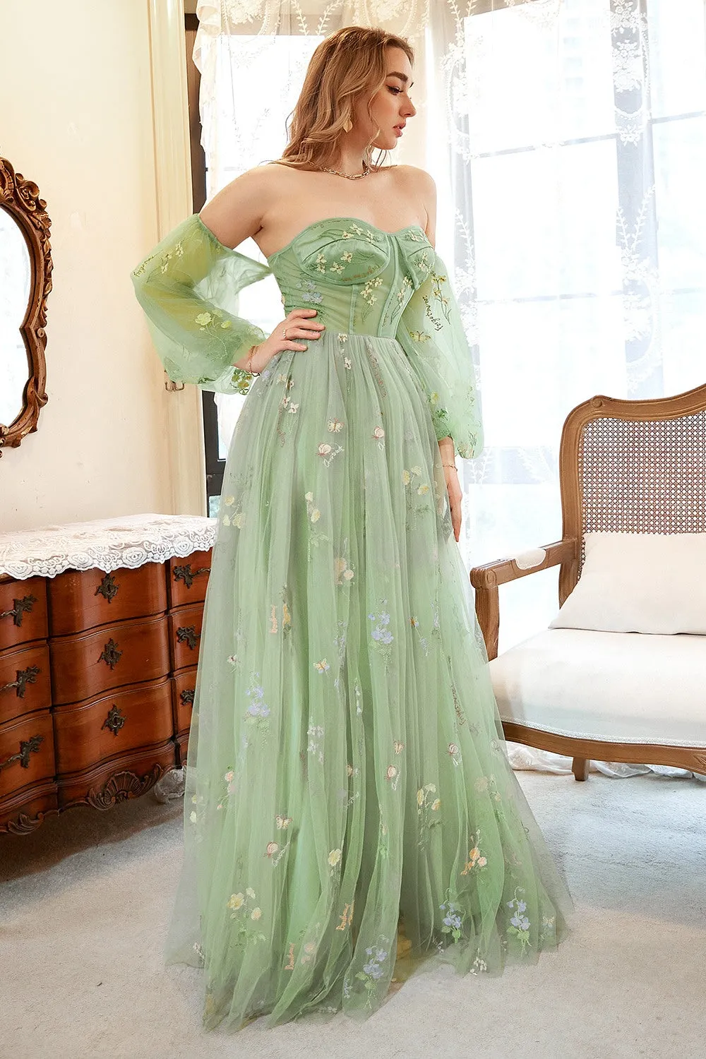 A Line Off the Shoulder Green Plus Size Prom Dress with Embroidery