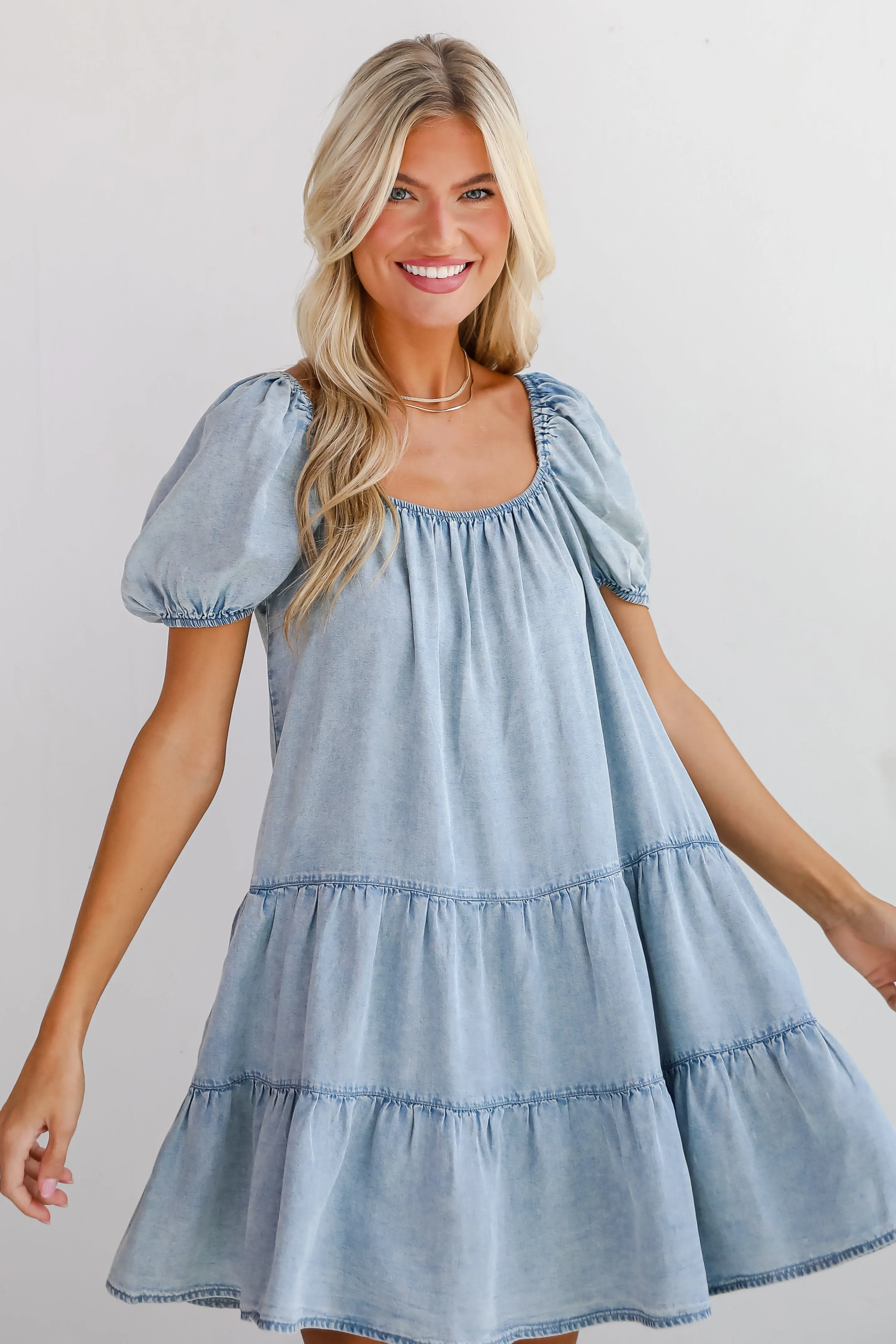 Aesthetic Charm Light Denim Tiered Mini Dress