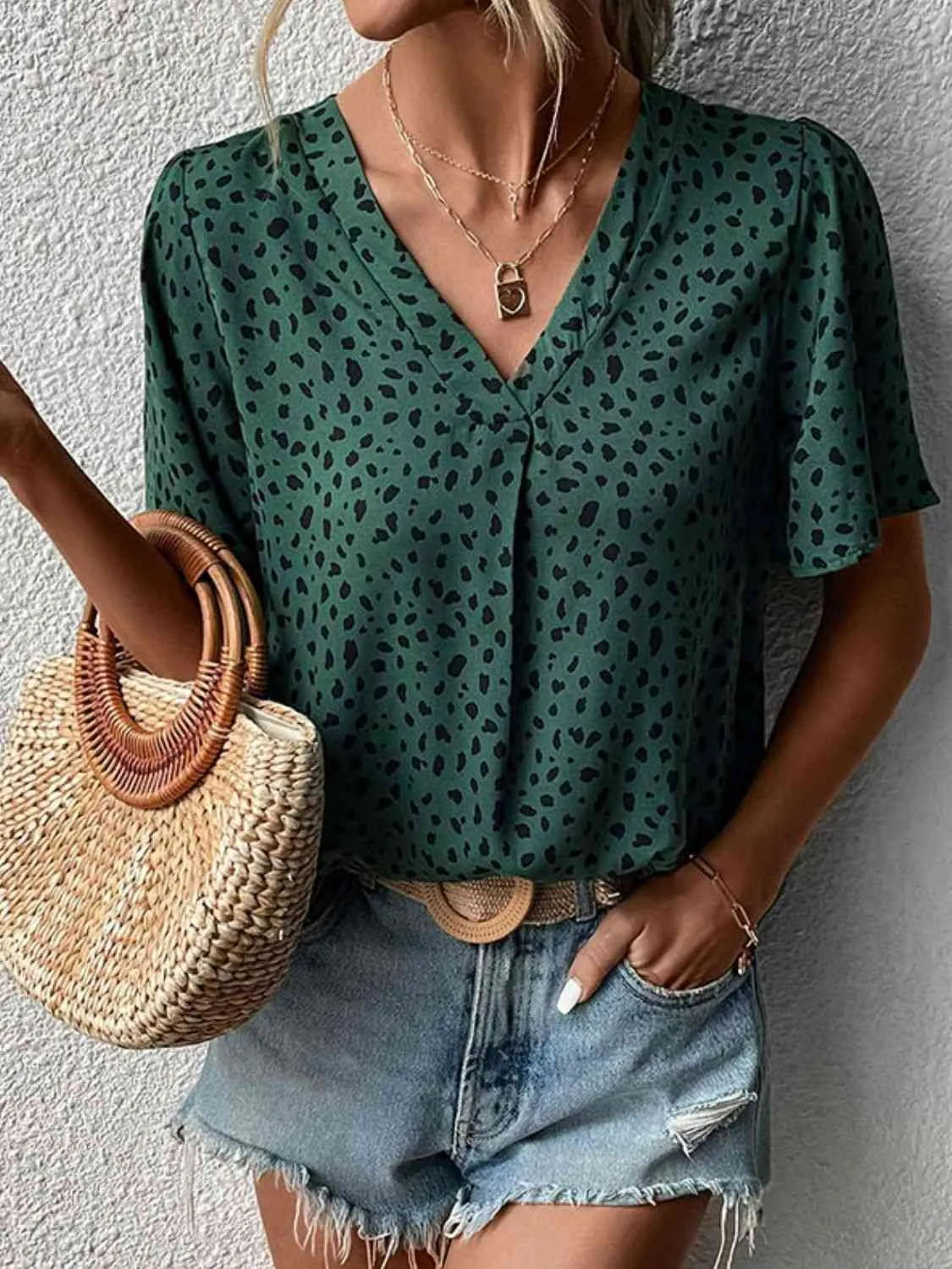 Animal Print V-Neck Flutter Sleeve Blouse