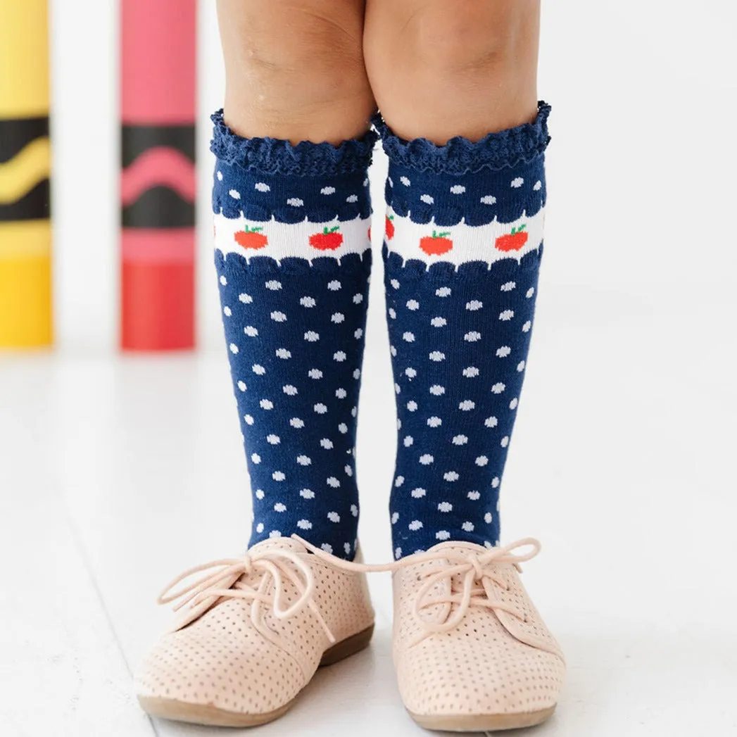 Apple Lace Top Knee High Socks - Bright Navy