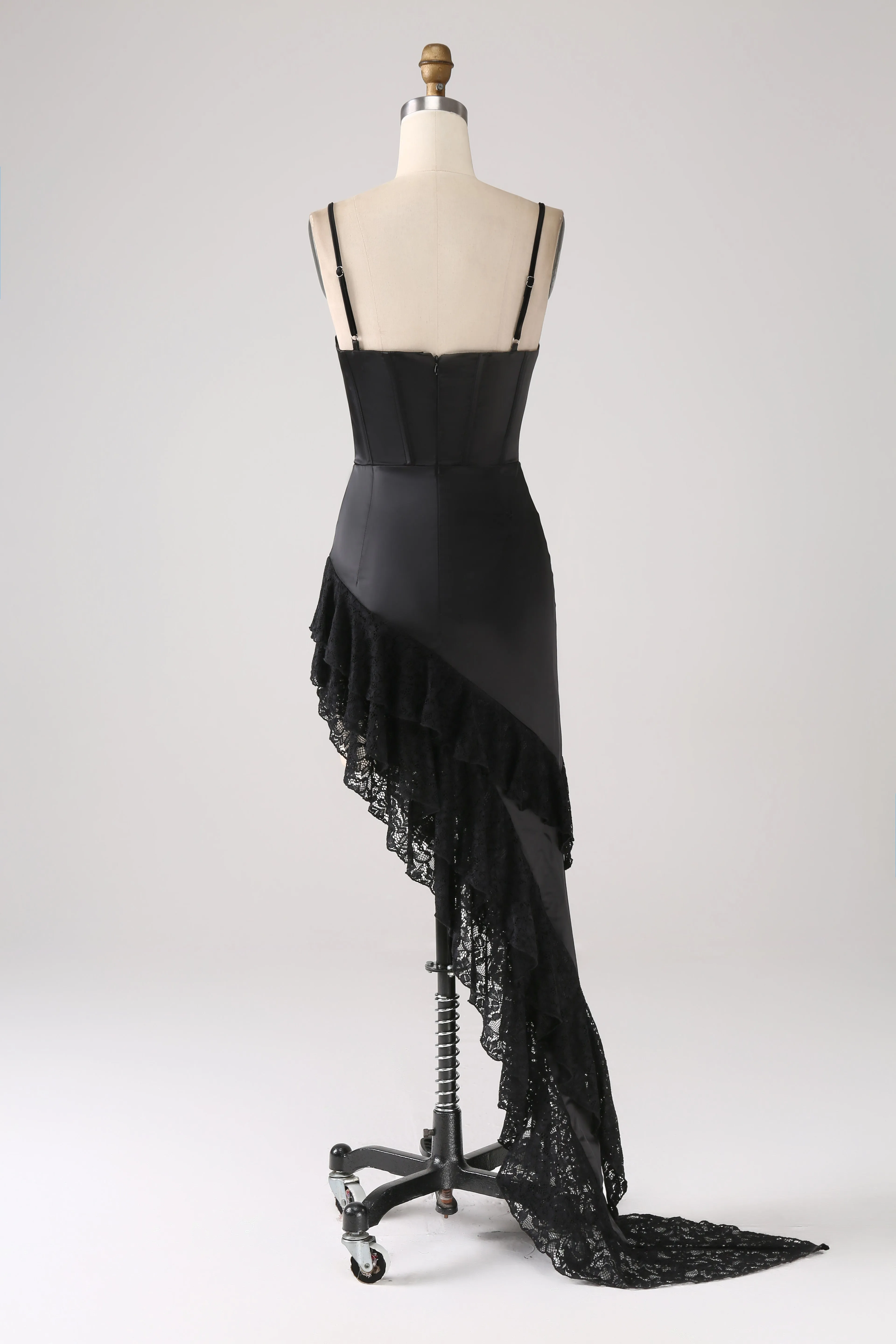 Asymmetrical Black Spaghetti Straps Prom Dress with Ruffles