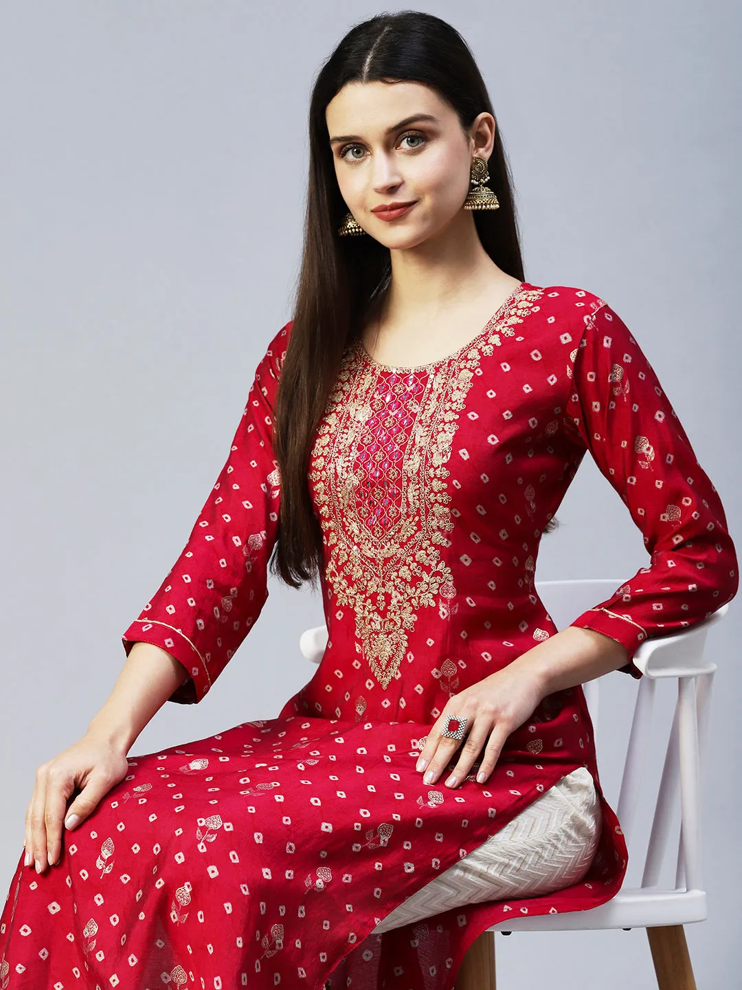 Bandhani Printed & Embroidered Straight Fit Kurta – Magenta