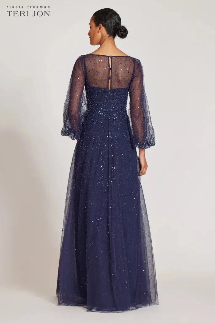 Beaded Tulle Neck Long Full Sleeve Gown