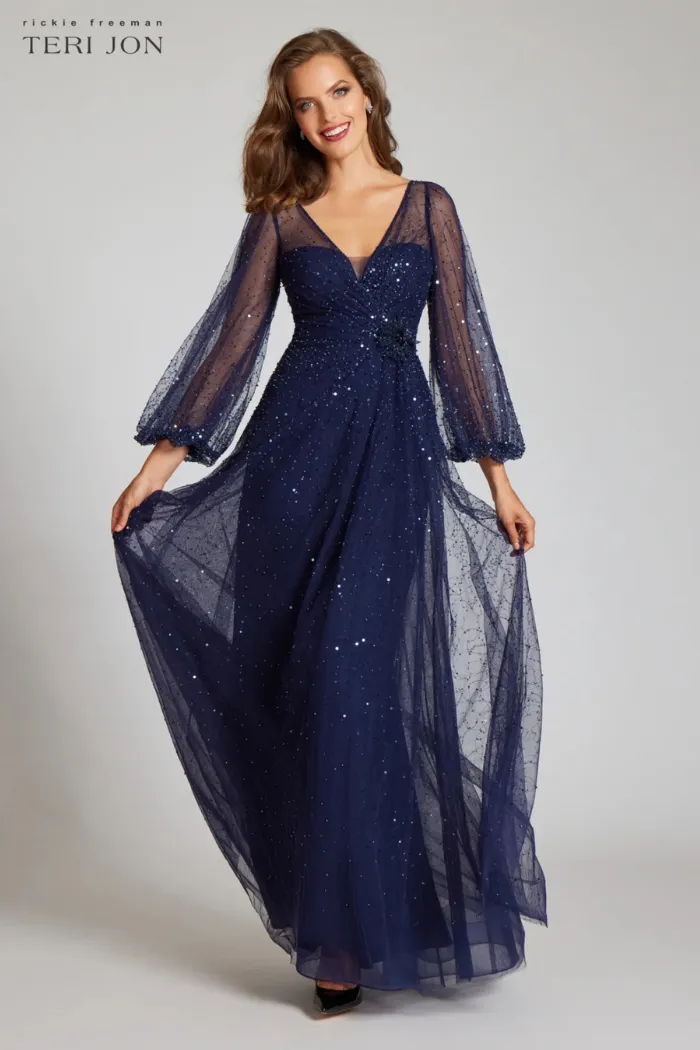 Beaded Tulle Neck Long Full Sleeve Gown