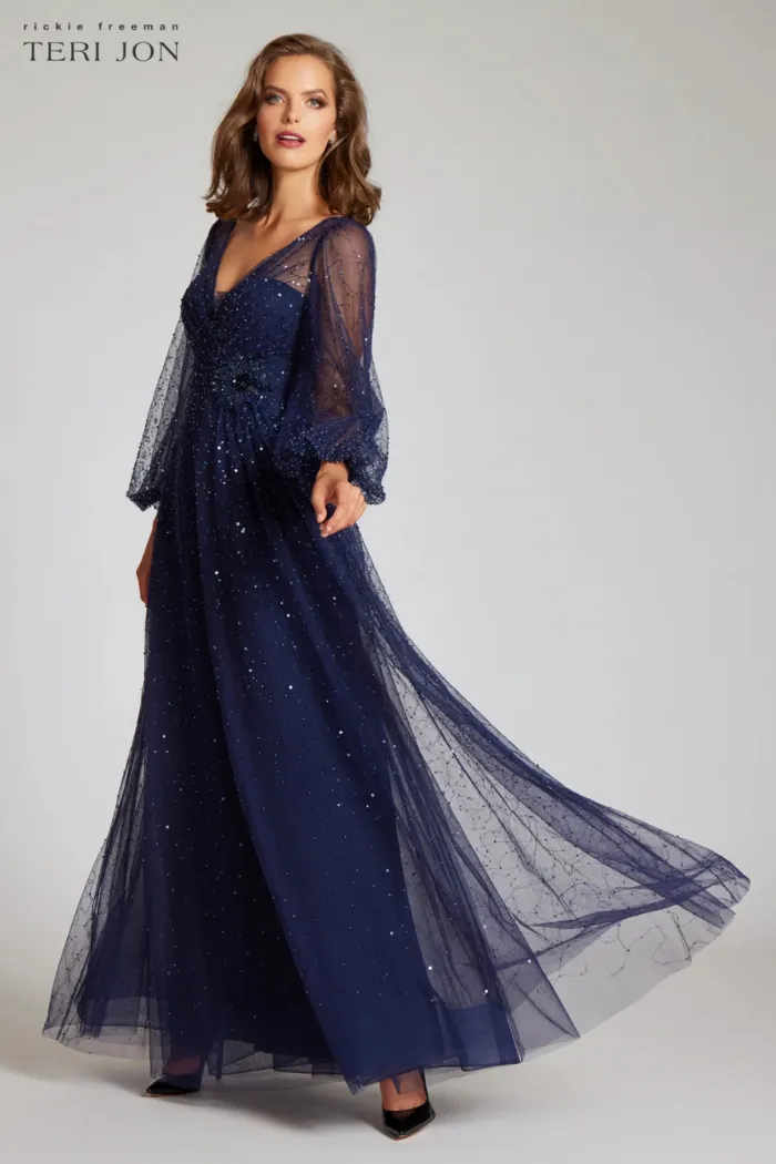 Beaded Tulle Neck Long Full Sleeve Gown