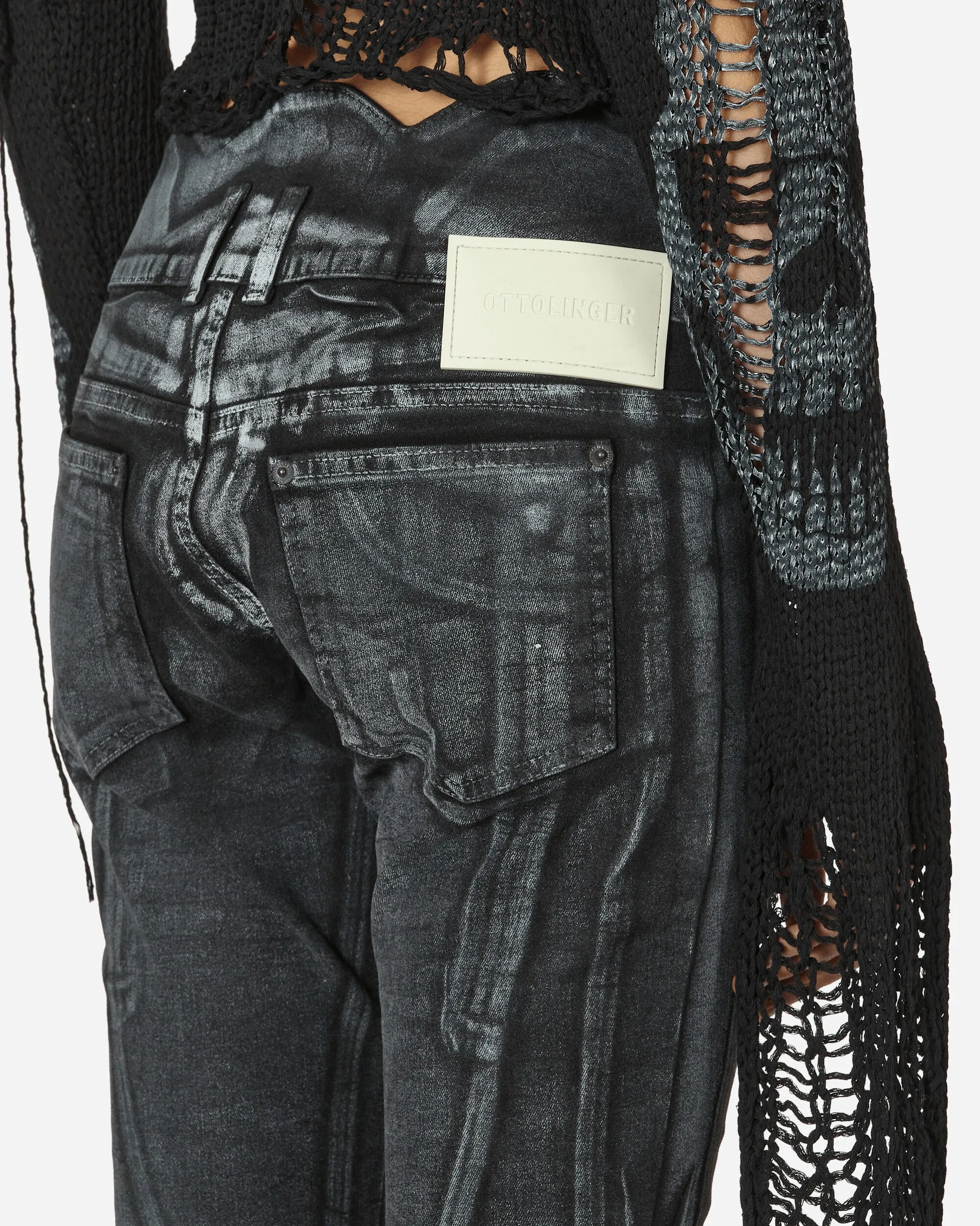 Big Waistband Drape Denim Pants Black / White