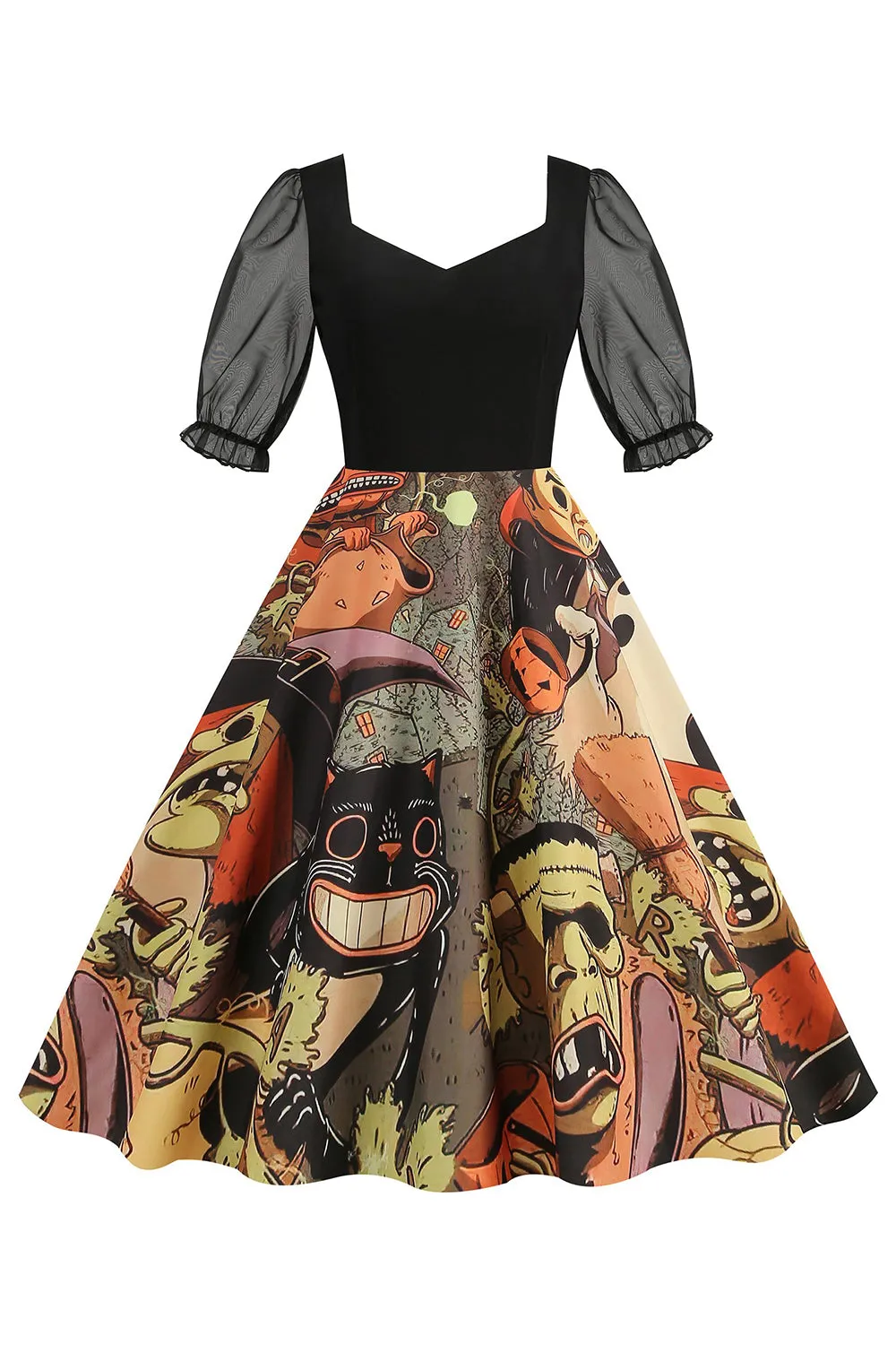 Black A Line Halloween Printed Vintage Dress