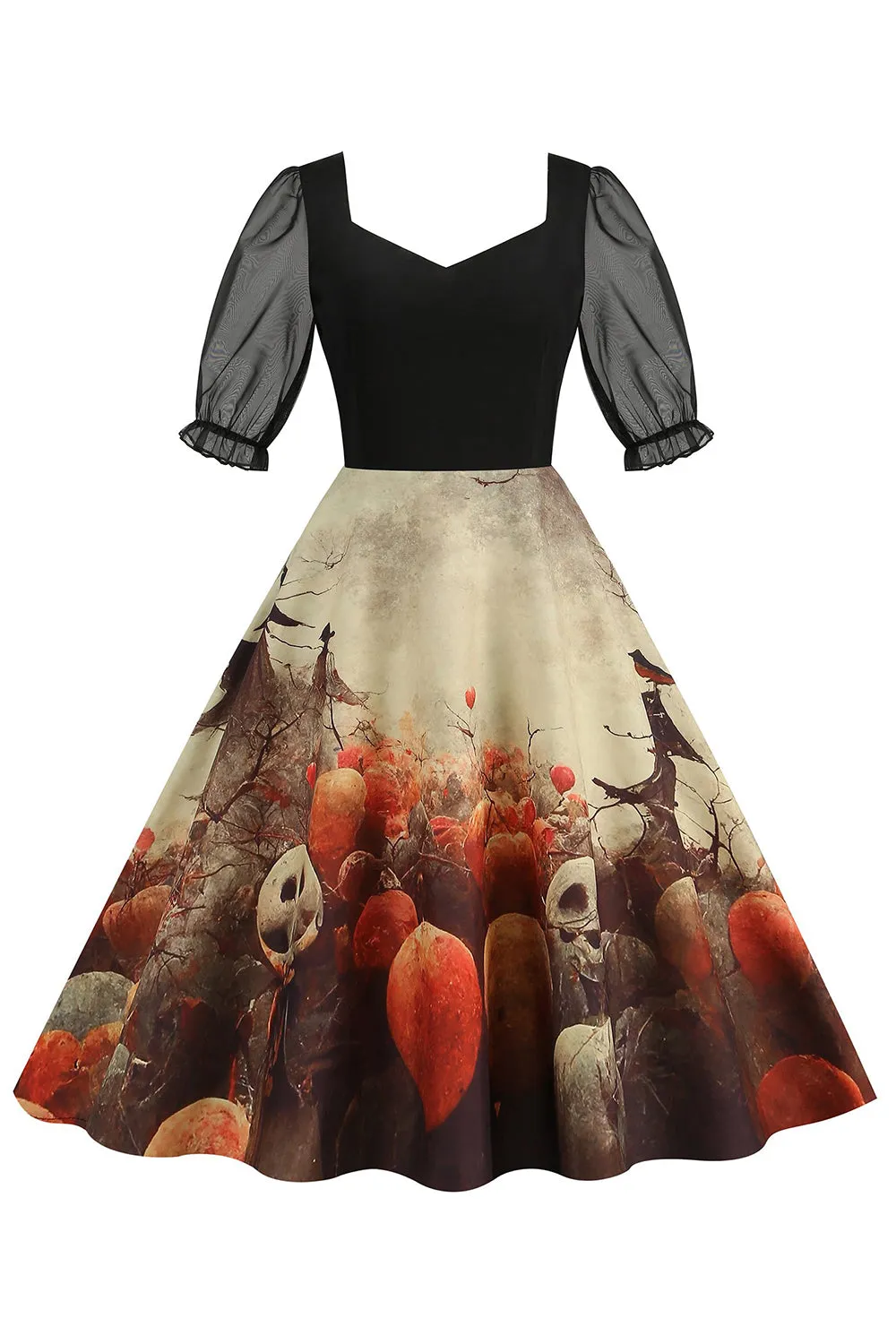 Black A Line Halloween Printed Vintage Dress